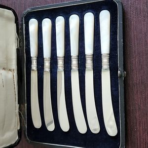 Vintage Set of 6 Silver Plate Mother of Pearl Handled butter knives
